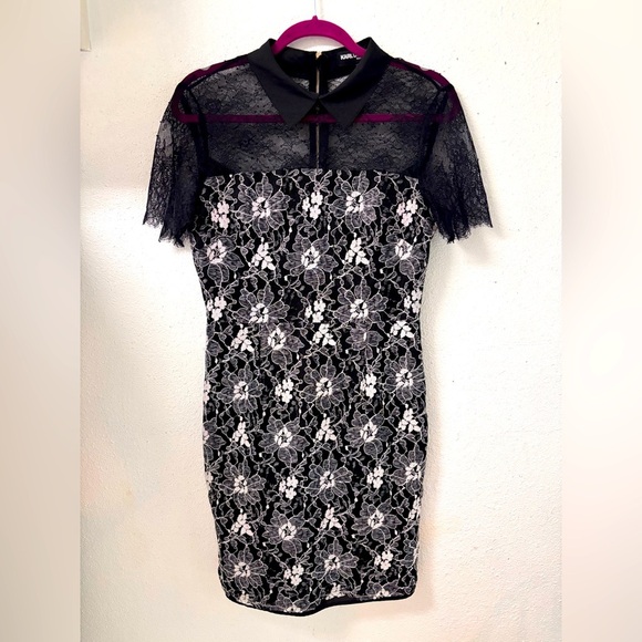 Karl Lagerfeld Peter Pan Collar  Lace Sheer Little Black Dress 6 - Picture 1 of 8